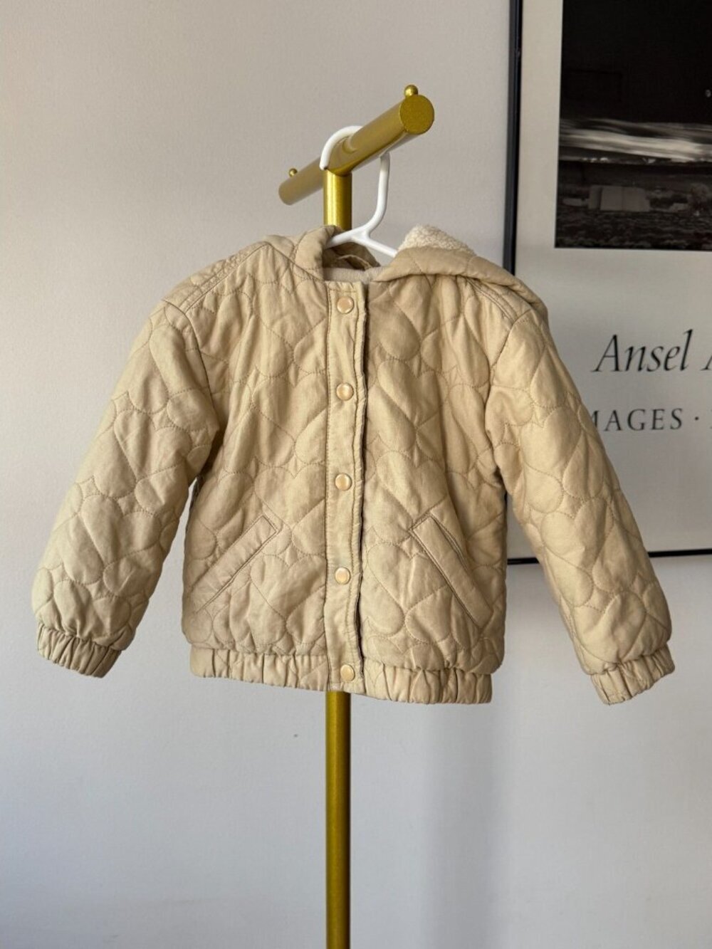 Toddler 3T Quilted Boho Jacket Beige Heart Print Button Up Cotton Lined